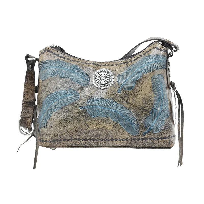 American West Womens Sacred Bird Zip Charcoal/Turquoise Leather Handbag Bag