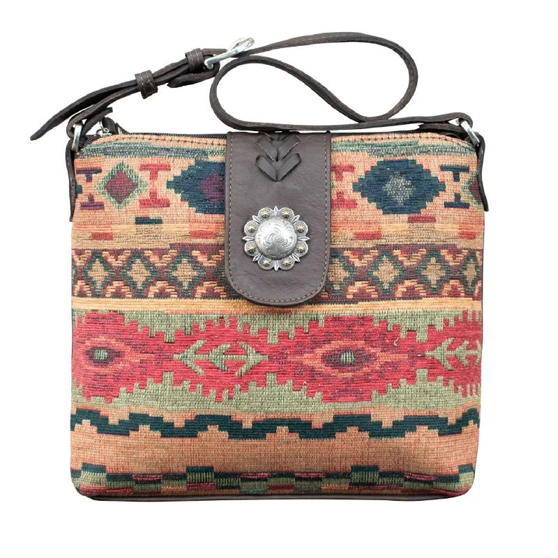 American West Womens Santa Fe Tapestry Multi-Color Leather Zip Top Handbag Bag