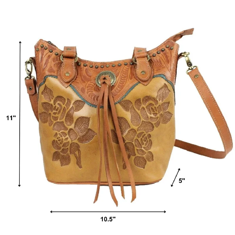 American West Womens Texas Rose 10.5in Natural Tan Leather Handbag Bag