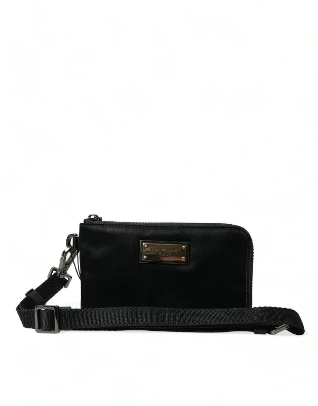 Dolce & Gabbana Elegant Black Nylon Leather Pouch with Silver Women's Details