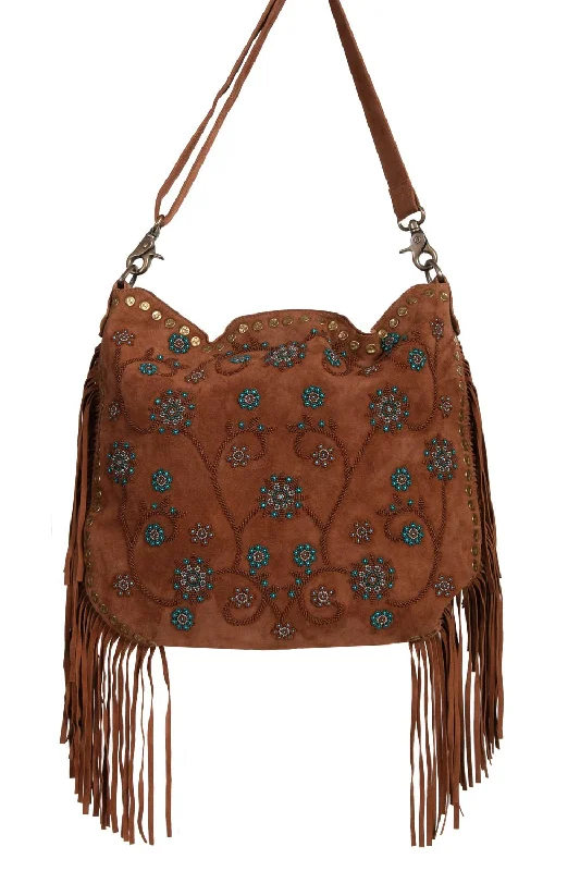 Scully Womens Brown Suede Fringe Beaded Handbag