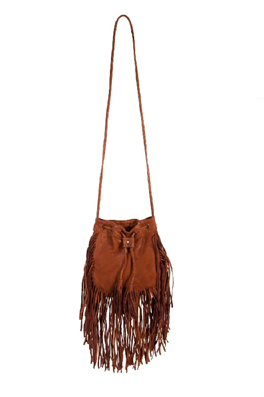 Scully Womens Tan Leather Cinch Tie Tassel Handbag