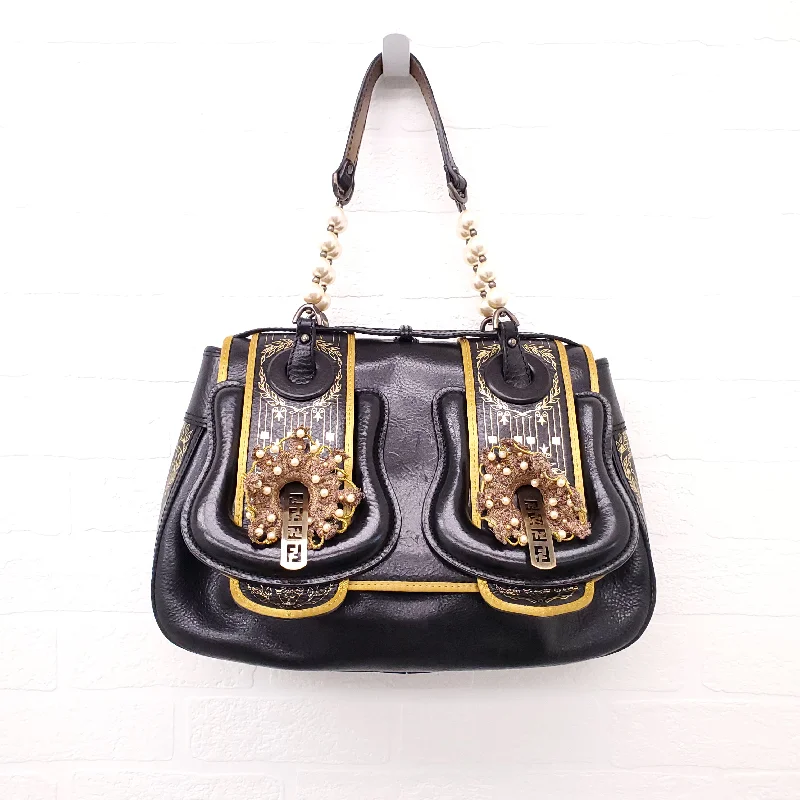 FENDI BLACK BUCKLE BAG WITH EMBROIDERY