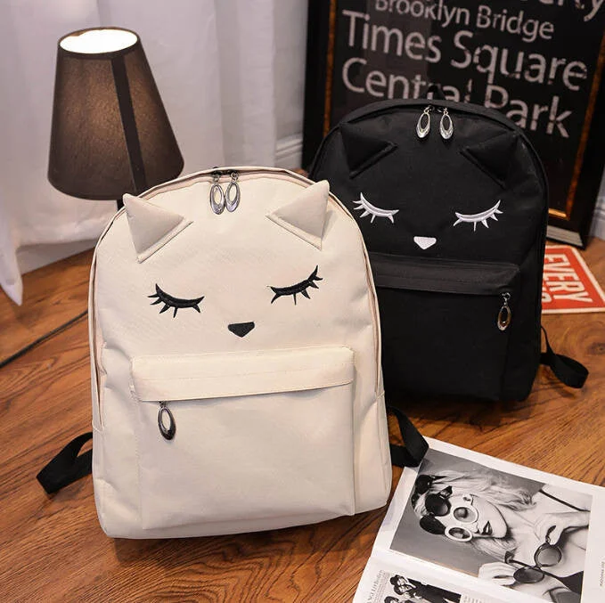 Cute Cartoon Embroidery Cat Printing Backpack Canvas Backpacks For Teenage Girls College Style Casual Backpack Sac Mochilas