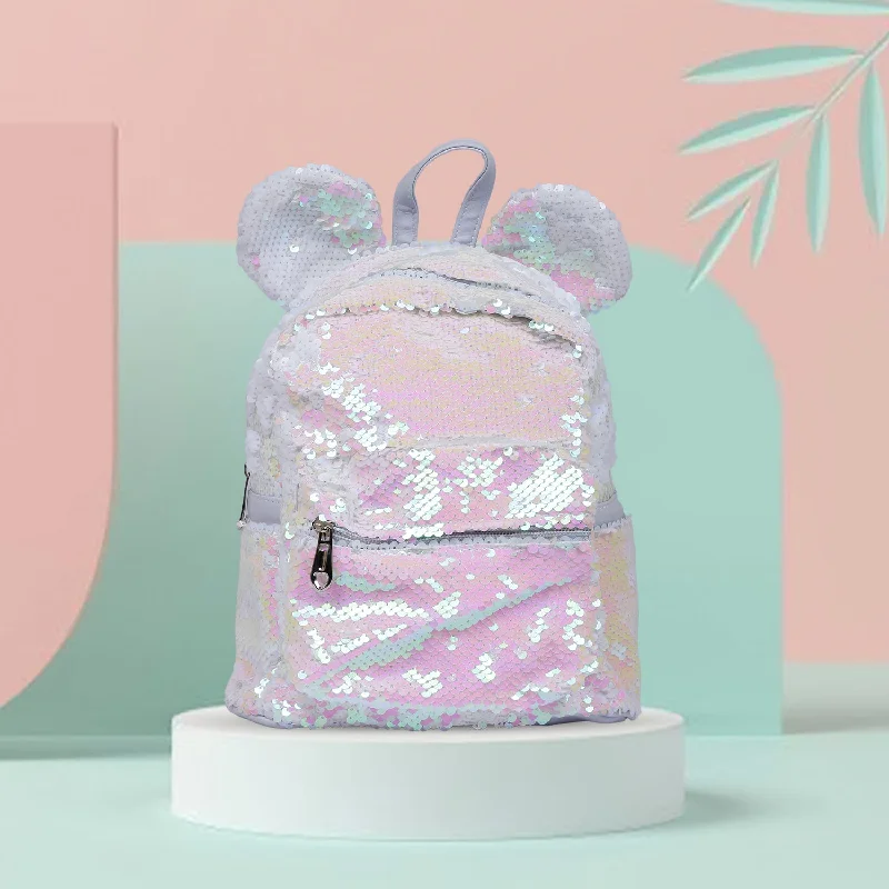 Sequined Dual Tone Backpack Trendy Bag - White, Pink