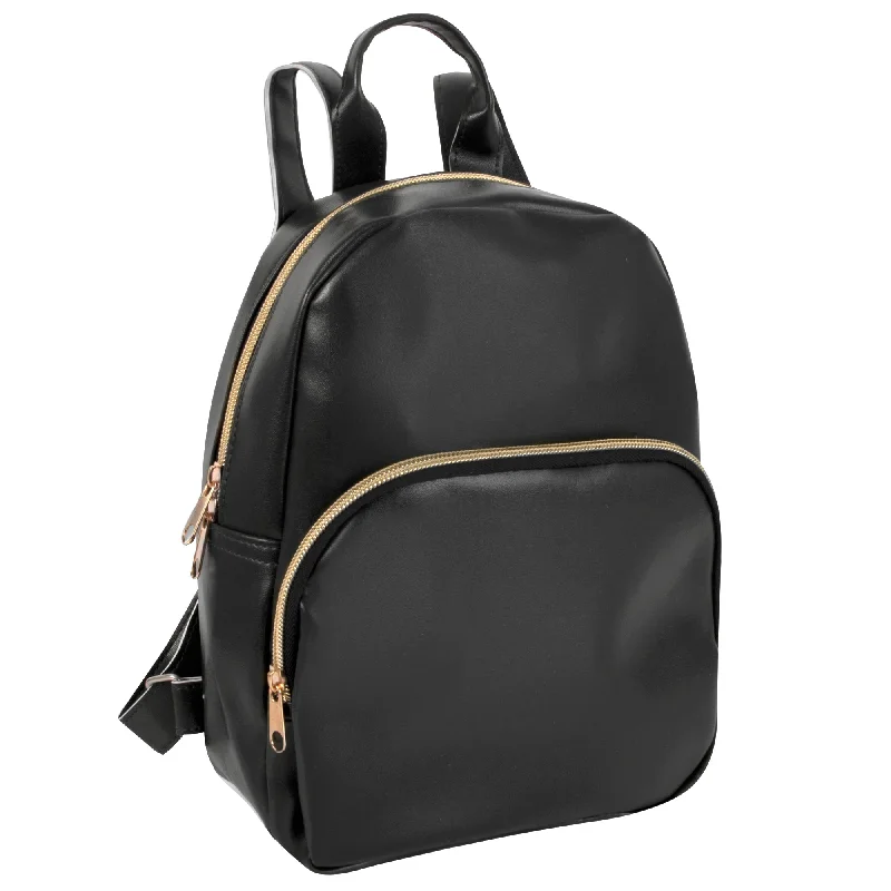 Mini Backpack 10 Inch Black Vinyl With Front Dome Zipper Pocket