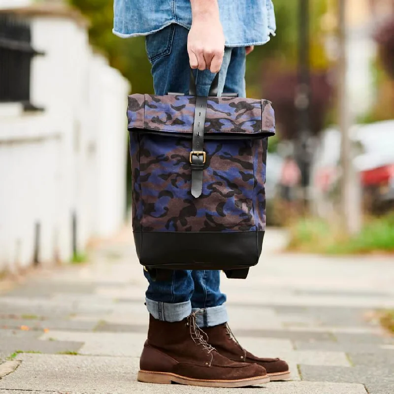 Blue Camo Canvas with Black Leather