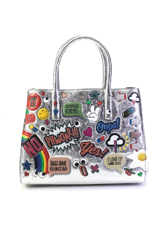 Anya Hindmarch Womens Metallic All Over Stickers Ebury Tote Handbag Silver Tone