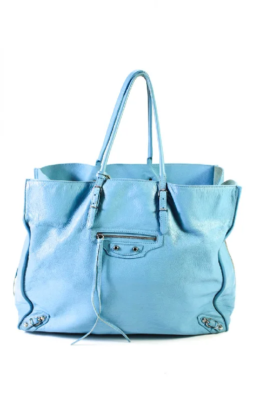 Balenciaga Womens Large Open Top Papier A4 Zip Around Tote Handbag Blue Leather