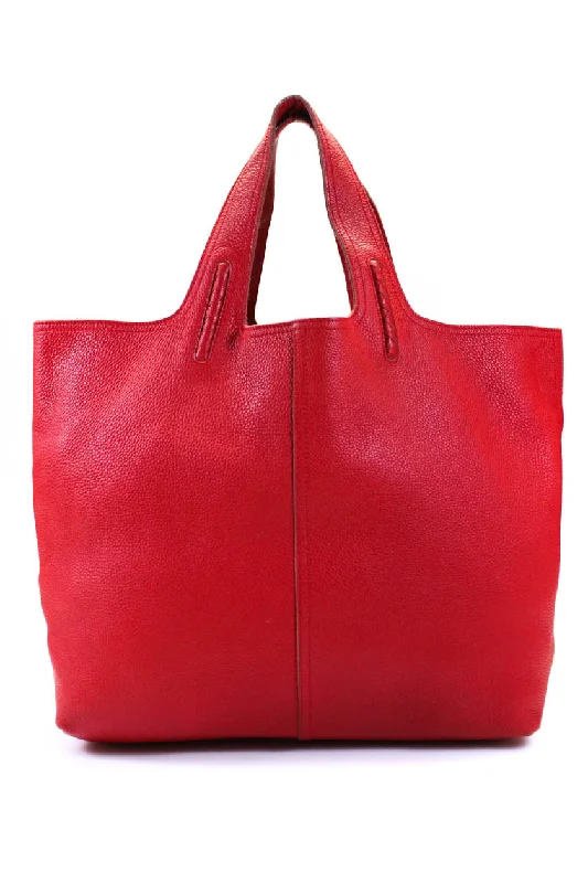 Bottega Veneta Pebbled Leather Cervo Suede Lined Double Strap Large Tote Handbag Red