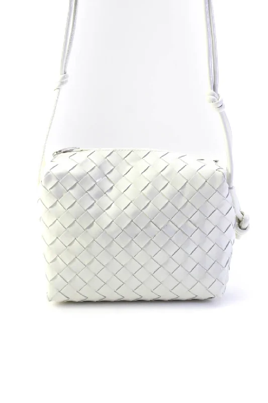 Bottega Veneta Womens Camera Intrecciato Patent Leather Crossbody Medium White Handbag