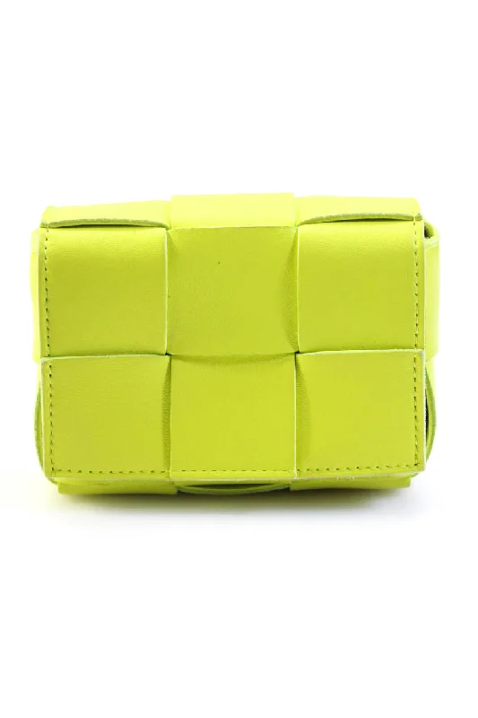 Bottega Veneta Womens Intrecciato Leather Mini Candy Cassette Handbag Lime Green