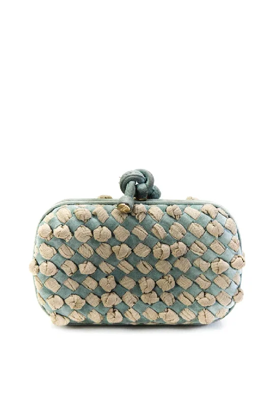 Bottega Veneta Womens Satin Chiffon Intrecciato Woven Knot Clutch Blue Handbag