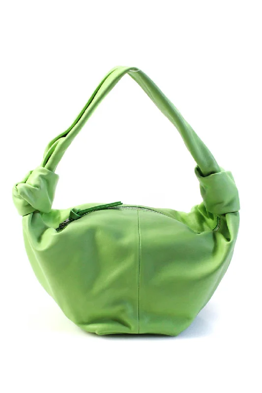 Bottega Veneta Womens Single Handle Zip Top Double Knot Handbag Green Leather