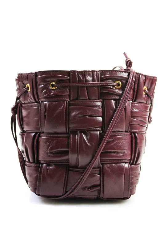 Bottega Veneta Womens Small Cassette Intrecciato Bucket Bag Handbag Burgundy