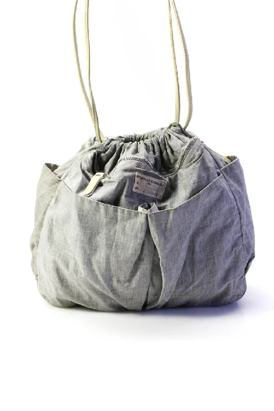 Brunello Cucinelli Womens Double Strap Drawstring Cotton Bucket Handbag Gray