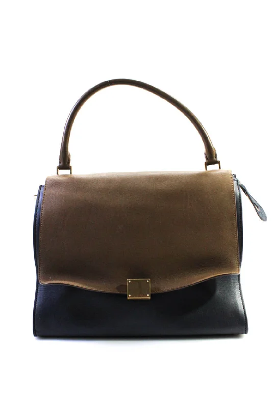 Celine Womens Bi Color Flap Medium Top Handle Handbag Brown Navy Blue Leather