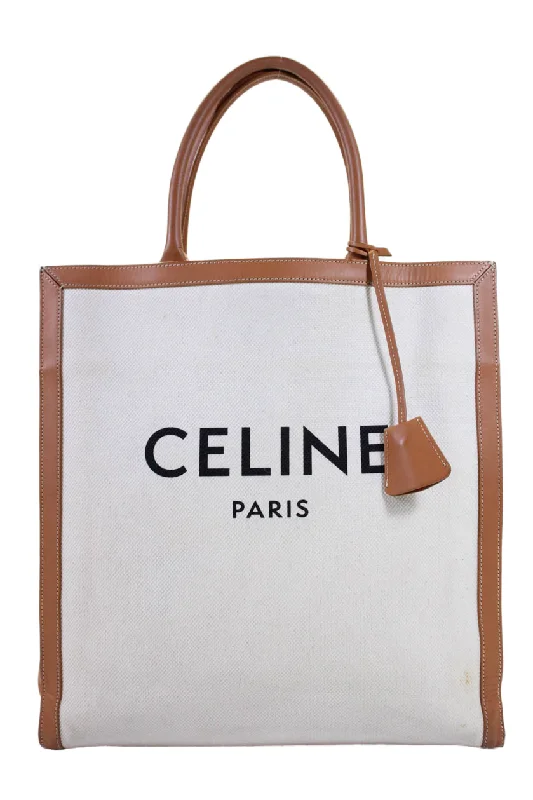 Celine Womens Leather Trim Canvas Vertical Cabas Tote Handbag Brown White