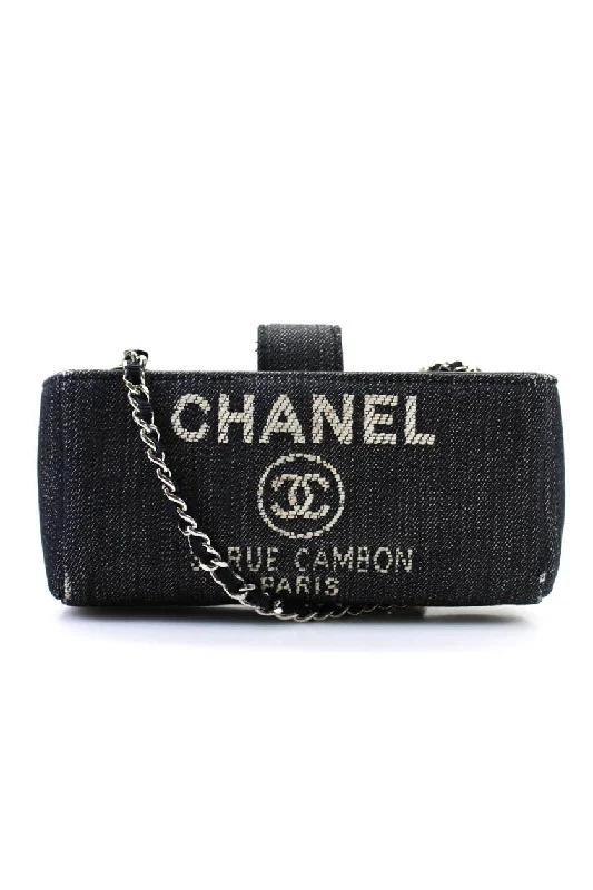 Chanel Deauville Snap Top Denim Logo Mini Clutch Handbag With Chain Blue