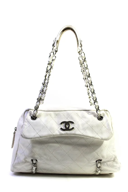 Chanel Womens Leather Quilted Chain Strap Sharpei Bowler Handbag White Silver Tone