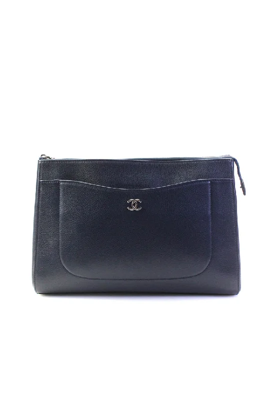 Chanel Womens Medium Grained Calfskin Neo Executive Clutch Handbag Navy Blue