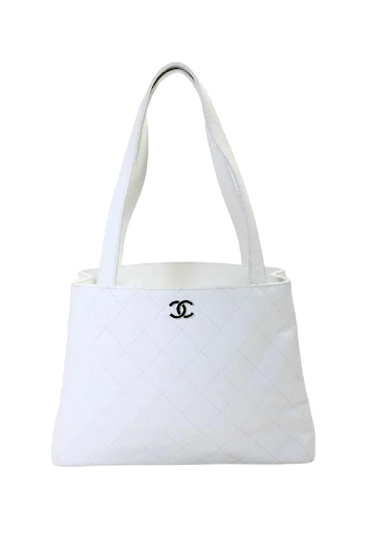 Chanel Womens Quilted Caviar Leather CC Top Handle Open Tote Handbag White