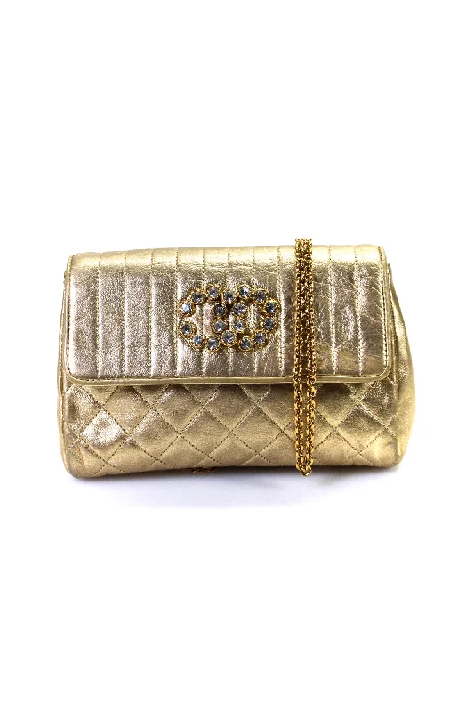 Chanel Womens Quilted Leather Flap Over Chain Strap Mini Strass Crossbody Gold Handbag