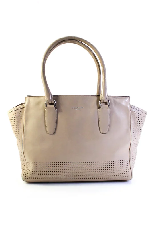 Coach Womens Perforated Leather Rolled Handle Zip Top Tote Handbag Beige