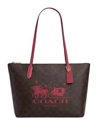 Coach Zip Top Tote In Signature Canvas With Horse And Sleigh