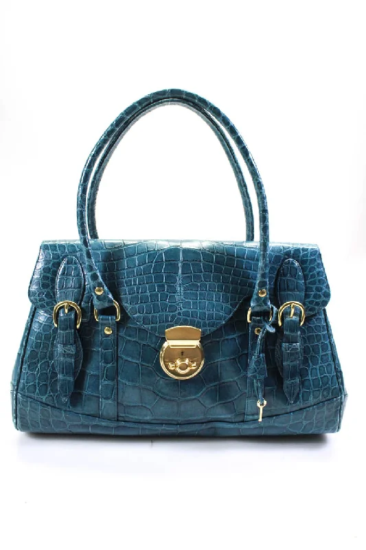 Ghurka Womens Rolled Handle Push Lock Crocodile Tote Handbag Blue