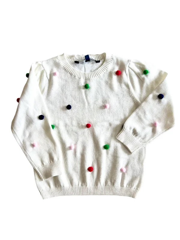 Girls Ivory Multicolor Holiday Pom Pom Crewneck Sweater