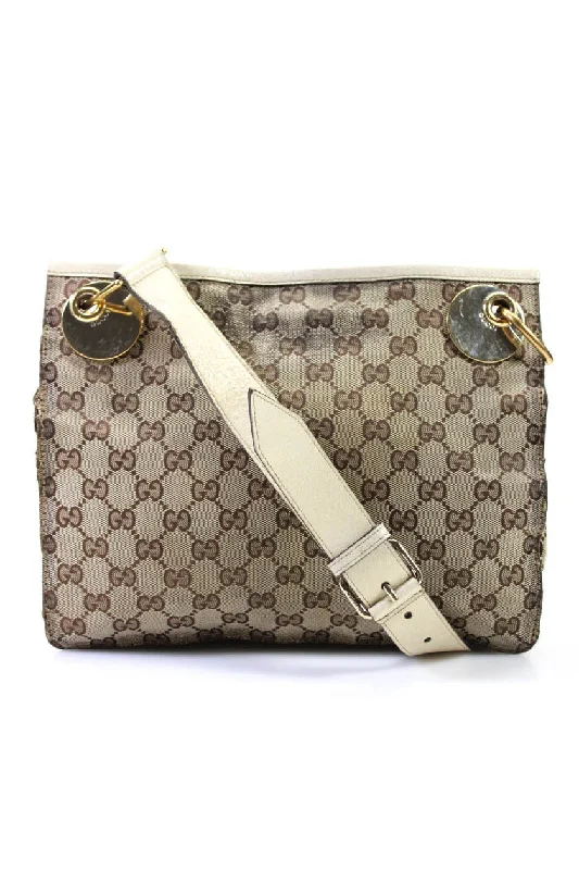 Gucci Womens Single Strap Vintage GG Supreme Crossbody Handbag Brown White