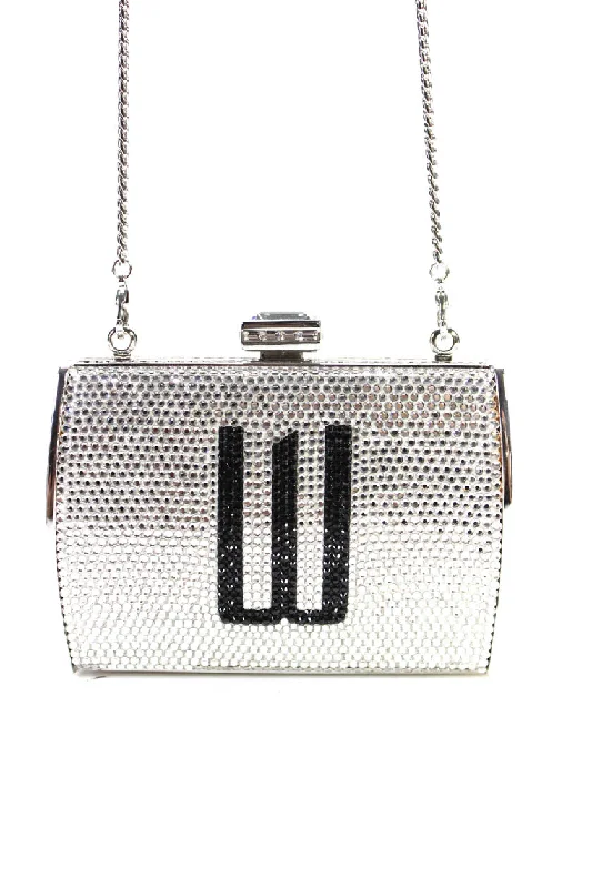 Judith Leiber Womens Pushlock Framed Micro Mini Crystal Crossbody Handbag Silver