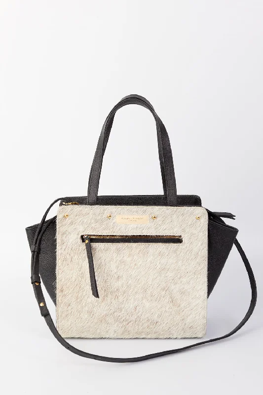 Lizzie Reversible Handbag Cover: Cream Hair on Hide Italian Leather/Black Wool