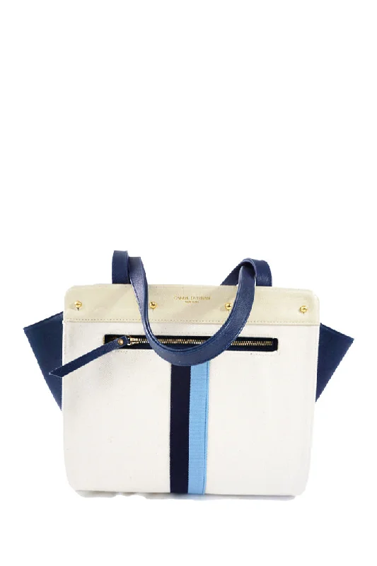 Lizzie Reversible Handbag Cover: Gold Cork/Natural Canvas with Navy/Light Blue Stripe