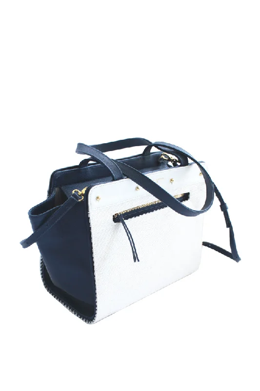 Lizzie Reversible Handbag Cover: White Raffia/Navy Blue & White Stripe Canvas