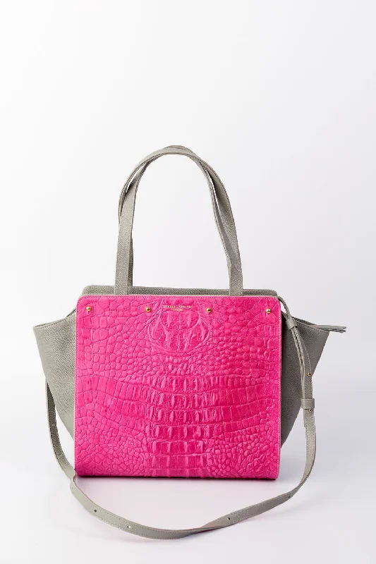 Lizzie Reversible Handbag Cover: Hot Pink Embossed Croc Leather/Grey Linen