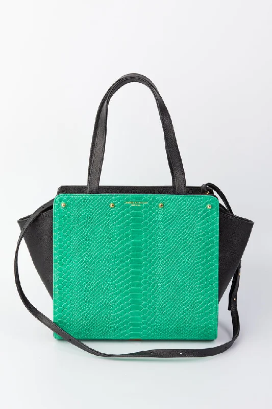 Lizzie Reversible Handbag Cover: Kelly Green Embossed Python Leather/Navy Linen