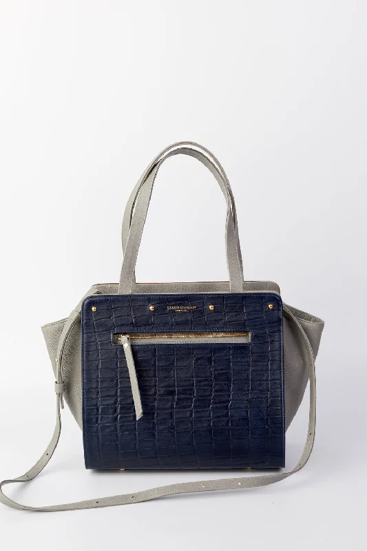 Lizzie Reversible Handbag Cover: Navy Embossed Croco Leather /Brown Waxed Cotton with Leather Trim