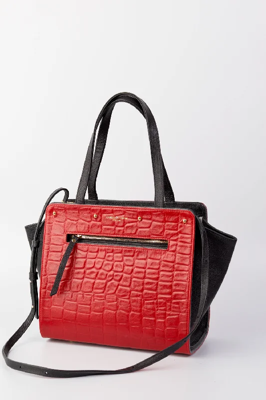 Lizzie Reversible Handbag Cover: Red Embossed Croc Italian Leather/Charcoal Wool