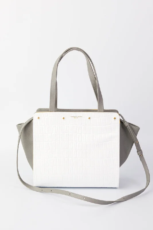 Lizzie Reversible Handbag Cover: White Embossed Croco Leather/Yellow Linen