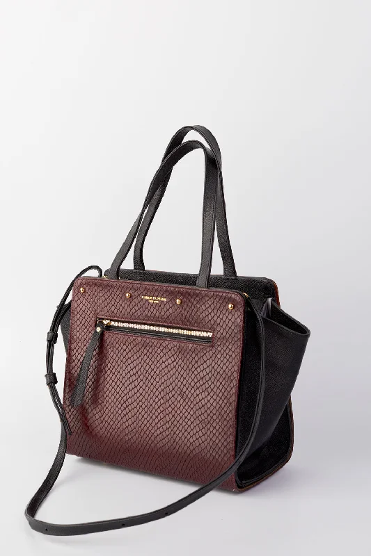 Lizzie Reversible Handbag Cover: Burgundy Embossed Snake Italian Leather/Plaid Waxed Cotton Handbag