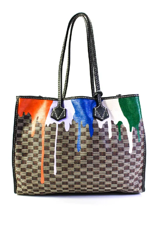 Moreau Womens Vincennes Painted Drip Checkered Canvas Tote Handbag Brown