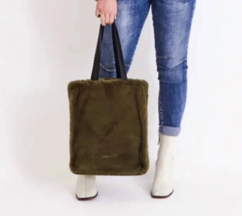 Poppy Faux Fur Tote Bag In Khaki