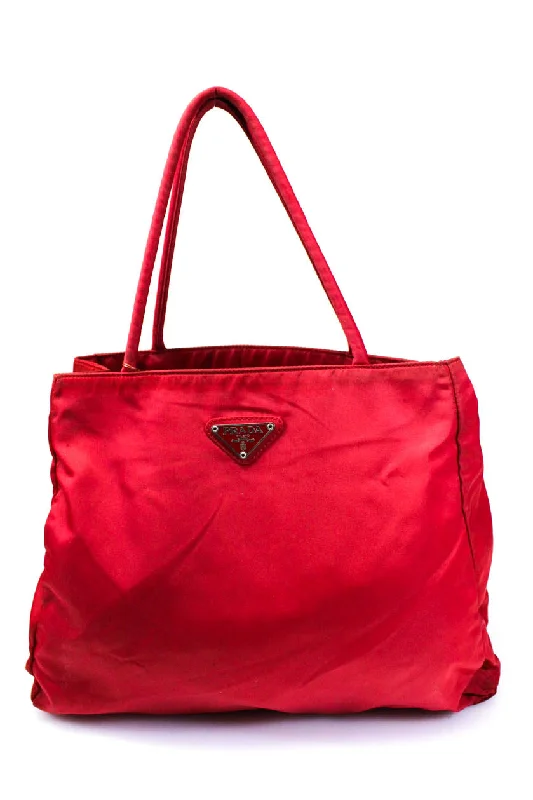 Prada Nylon Double Handle Trapezoid Slouch Medium Tessuto City Tote Handbag Red