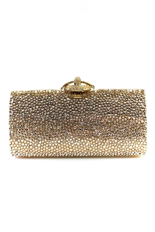 Rodo Womens Crystal Embellished Minaudiere Clutch Chain Handbag Gold Tone