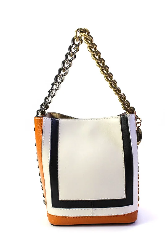 Stella McCartney Womens Chain Top Handle Colorblock Frayme Handbag White Black Brown