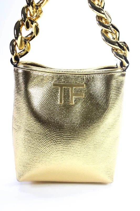 Tom Ford Womens Metallic Leather TF Logo Maxi Chain Mini Tote Handbag Gold