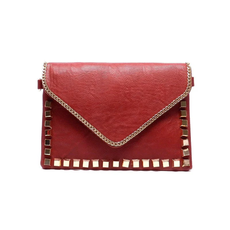 Burgundy Chain Studded Envelope Clutch Bag Purse