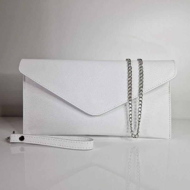 White Genuine Pebbled Leather Envelope Clutch